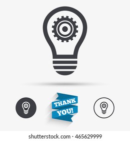 Light lamp sign icon. Bulb with gear symbol. Idea symbol. Flat icons. Buttons with icons. Thank you ribbon. Vector