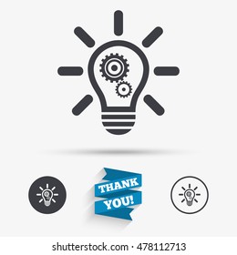 Light lamp sign icon. Bulb with gears and cogs symbol. Idea symbol. Flat icons. Buttons with icons. Thank you ribbon. Vector
