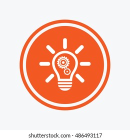 Light lamp sign icon. Bulb with gears and cogs symbol. Idea symbol. Graphic design element. Flat symbol on the round button. Vector