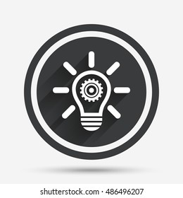 Light lamp sign icon. Bulb with gear symbol. Idea symbol. Circle flat button with shadow and border. Vector