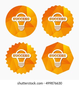 Light lamp sign icon. Bulb with success symbol. Idea symbol. Triangular low poly buttons with flat icon. Vector