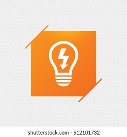 Light lamp sign icon. Bulb with lightning symbol. Idea symbol. Orange square label on pattern. Vector