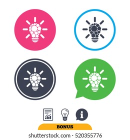 Light lamp sign icon. Bulb with circles symbol. Idea symbol. Report document, information sign and light bulb icons. Vector