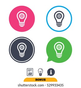 Light lamp sign icon. Bulb with gear symbol. Idea symbol. Report document, information sign and light bulb icons. Vector