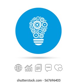 Light lamp sign icon. Bulb with gears and cogs symbol. Idea symbol. Copy files, chat speech bubble and chart web icons. Vector