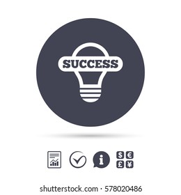 Light lamp sign icon. Bulb with success symbol. Idea symbol. Report document, information and check tick icons. Currency exchange. Vector