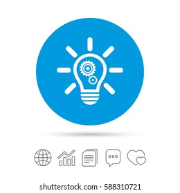 Light lamp sign icon. Bulb with gears and cogs symbol. Idea symbol. Copy files, chat speech bubble and chart web icons. Vector