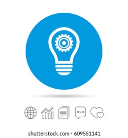 Light lamp sign icon. Bulb with gear symbol. Idea symbol. Copy files, chat speech bubble and chart web icons. Vector
