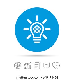 Light lamp sign icon. Bulb with gear symbol. Idea symbol. Copy files, chat speech bubble and chart web icons. Vector