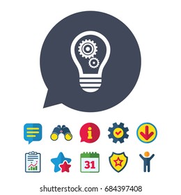 Light lamp sign icon. Bulb with gears and cogs symbol. Idea symbol. Information, Report and Speech bubble signs. Binoculars, Service and Download, Stars icons. Vector