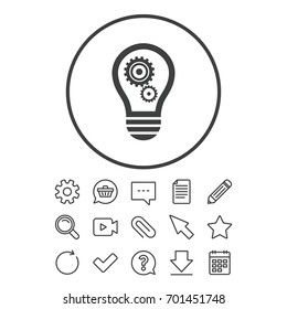 Light lamp sign icon. Bulb with gears and cogs symbol. Idea symbol. Document, Chat and Paper clip line signs. Question, Pencil and Calendar line icons. Star, Download and Shopping cart. Vector