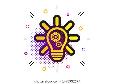 Light lamp sign icon. Halftone dots pattern. Bulb with gears and cogs symbol. Idea symbol. Classic flat light lamp icon. Vector