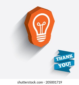 Light lamp sign icon. Idea symbol. White icon on orange 3D piece of wall. Carved in stone with long flat shadow. Vector