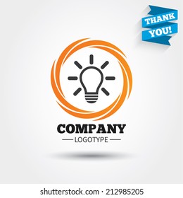 Light lamp sign icon. Idea symbol. Light is on. Business abstract circle logo. Logotype with Thank you ribbon. Vector
