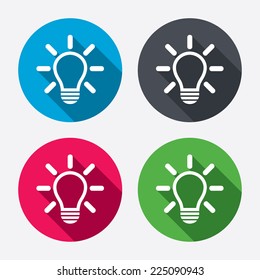 Light lamp sign icon. Idea symbol. Light is on. Circle buttons with long shadow. 4 icons set. Vector