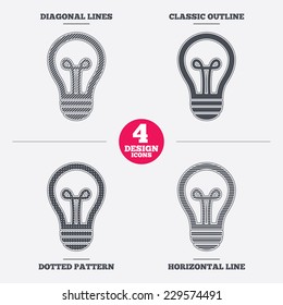 Light lamp sign icon. Idea symbol. Diagonal and horizontal lines, classic outline, dotted texture. Pattern design icons.  Vector