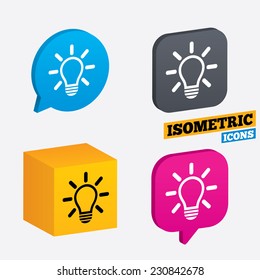 Light lamp sign icon. Idea symbol. Light is on. Isometric speech bubbles and cube. Rotated icons with edges. Vector