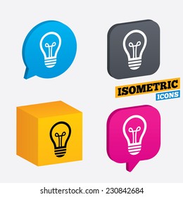Light lamp sign icon. Idea symbol. Isometric speech bubbles and cube. Rotated icons with edges. Vector