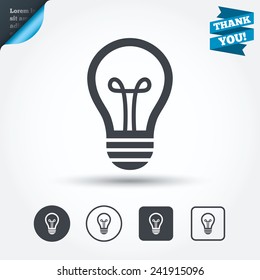 Light lamp sign icon. Idea symbol. Circle and square buttons. Flat design set. Thank you ribbon. Vector