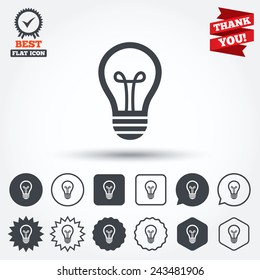 Light lamp sign icon. Idea symbol. Circle, star, speech bubble and square buttons. Award medal with check mark. Thank you ribbon. Vector