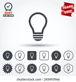 Light lamp sign icon. Idea symbol. Circle, star, speech bubble and square buttons. Award medal with check mark. Thank you ribbon. Vector