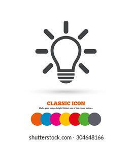 Light lamp sign icon. Idea symbol. Light is on. Classic flat icon. Colored circles. Vector
