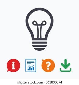 Light lamp sign icon. Idea symbol. Information think bubble, question mark, download and report.