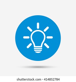 Light lamp sign icon. Idea symbol. Light is on. Blue circle button with icon. Vector