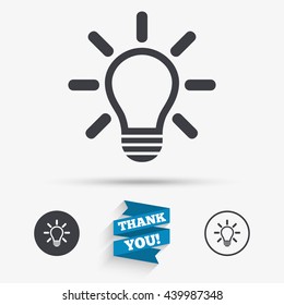 Light lamp sign icon. Idea symbol. Light is on. Flat icons. Buttons with icons. Thank you ribbon. Vector