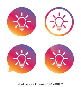 Light lamp sign icon. Idea symbol. Light is on. Gradient buttons with flat icon. Speech bubble sign. Vector