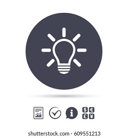 Light lamp sign icon. Idea symbol. Light is on. Report document, information and check tick icons. Currency exchange. Vector