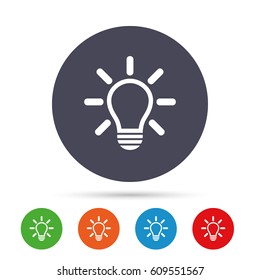 Light lamp sign icon. Idea symbol. Light is on. Round colourful buttons with flat icons. Vector
