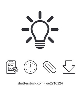 Light lamp sign icon. Idea symbol. Light is on. Report, Time and Download line signs. Paper Clip linear icon. Vector