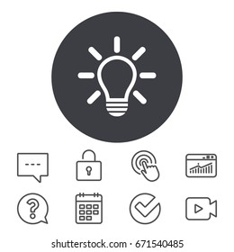 Light lamp sign icon. Idea symbol. Light is on. Calendar, Locker and Speech bubble line signs. Video camera, Statistics and Question icons. Vector