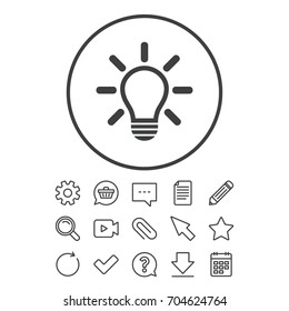 Light lamp sign icon. Idea symbol. Light is on. Document, Chat and Paper clip line signs. Question, Pencil and Calendar line icons. Star, Download and Shopping cart. Vector
