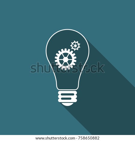 Light lamp sign icon isolated with long shadow. Bulb with gears and cogs working together symbol. Idea concept. Flat design. Vector Illustration