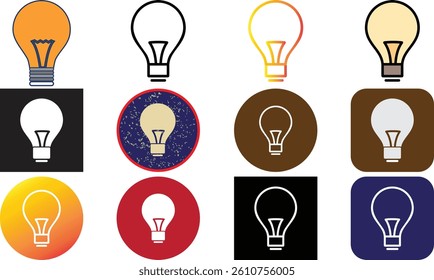 Light lamp sign icon set. Idea symbol in round colourful 12 buttons, Simple line, flat design style. Vector stock and Fill illustrations.
