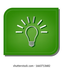 Light lamp sign. Silver gradient line icon with dark green shadow at ecological patched green leaf. Illustration.