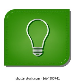 Light lamp sign. Silver gradient line icon with dark green shadow at ecological patched green leaf. Illustration.