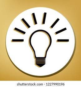 Light lamp sign. Vector. Black icon with light brown shadow in white circle with shaped ring at golden background.