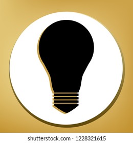 Light lamp sign. Vector. Black icon with light brown shadow in white circle with shaped ring at golden background.