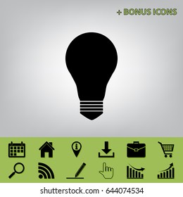 Light lamp sign. Vector. Black icon at gray background with bonus icons at celery ones