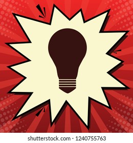 Light lamp sign. Vector. Dark red icon in lemon chiffon shutter bubble at red popart background with rays.