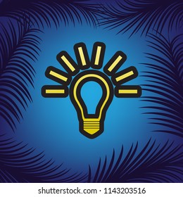 Light lamp sign. Vector. Golden icon with black contour at blue background with branches of palm trees.