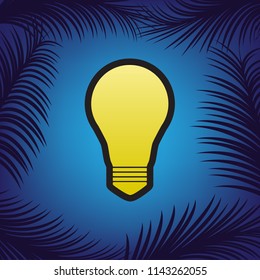 Light lamp sign. Vector. Golden icon with black contour at blue background with branches of palm trees.