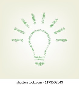 Light lamp sign. Vector. Green hexagon rastered icon and noised opacity and size at light green background with central light.