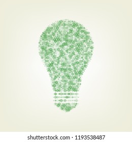 Light lamp sign. Vector. Green hexagon rastered icon and noised opacity and size at light green background with central light.