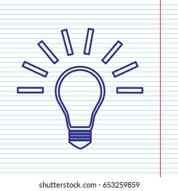 Light lamp sign. Vector. Navy line icon on notebook paper as background with red line for field.