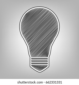 Light lamp sign. Vector. Pencil sketch imitation. Dark gray scribble icon with dark gray outer contour at gray background.