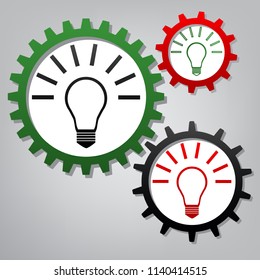 Light lamp sign. Vector. Three connected gears with icons at grayish background.